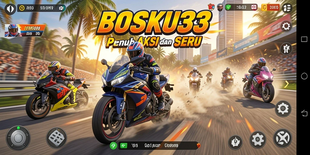 Screenshot gameplay BOSKU33 menunjukkan aksi balapan motor yang mendebarkan.