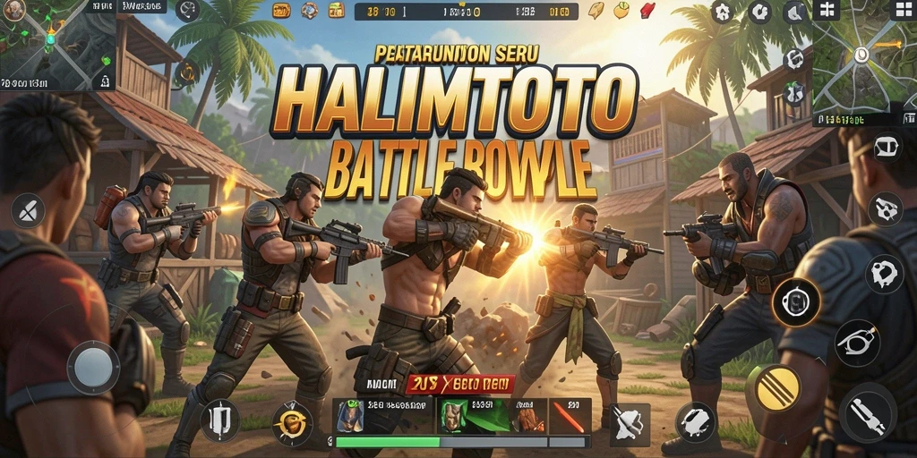 Gameplay HALIMTOTO yang penuh aksi dalam arena Battle Royale.