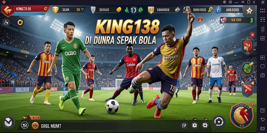 Screenshot utama KING138 menampilkan aksi seru di lapangan sepak bola.