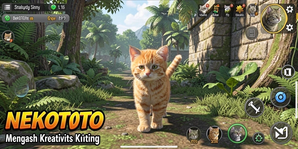 Gameplay NEKOTOTO dengan interaksi kucing yang lucu dan menyenangkan.