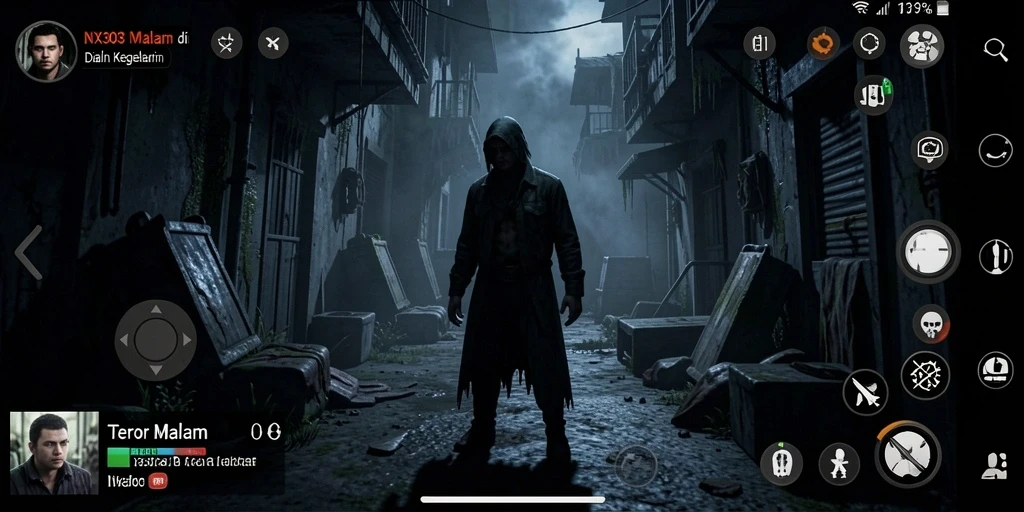 Screenshot gameplay NX303 menampilkan kegelapan dan ketegangan yang mendalam.