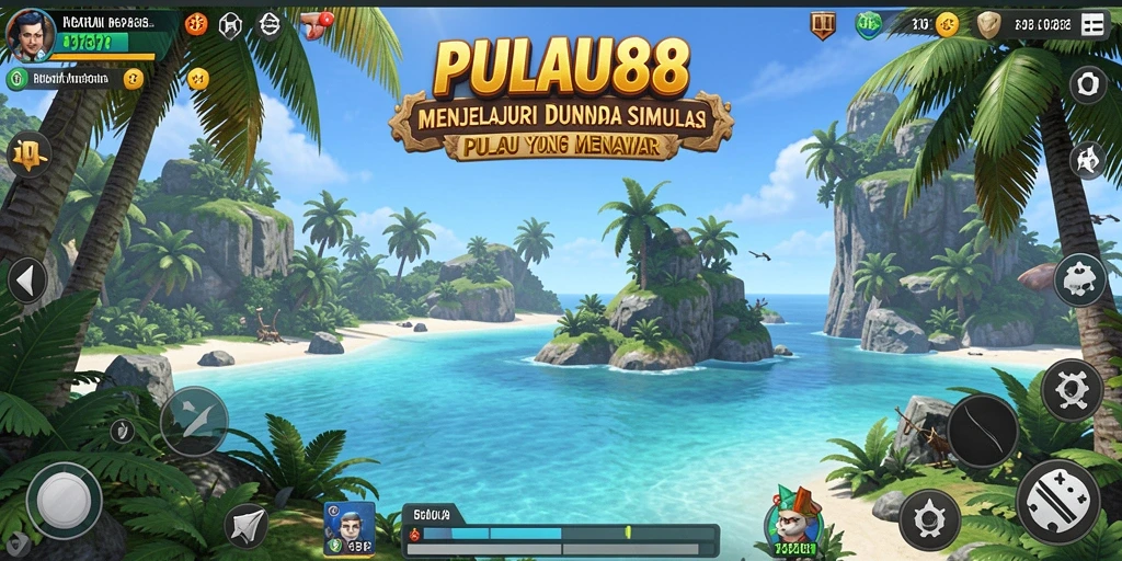 Tangkapan layar menunjukkan eksplorasi pulau yang menawan dan lingkungan hidup.