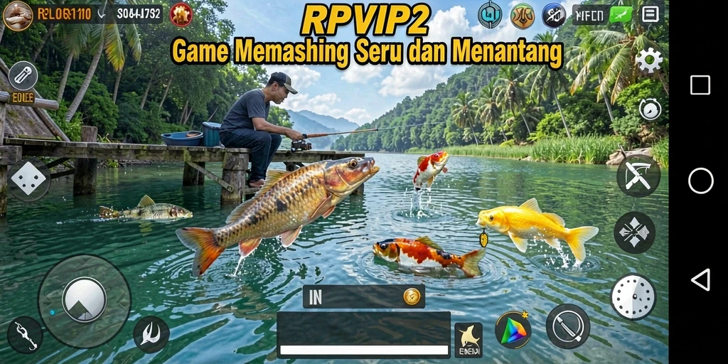 Tangkapan ikan besar dalam gameplay RPVIP2 yang menampilkan suasana alam yang indah.