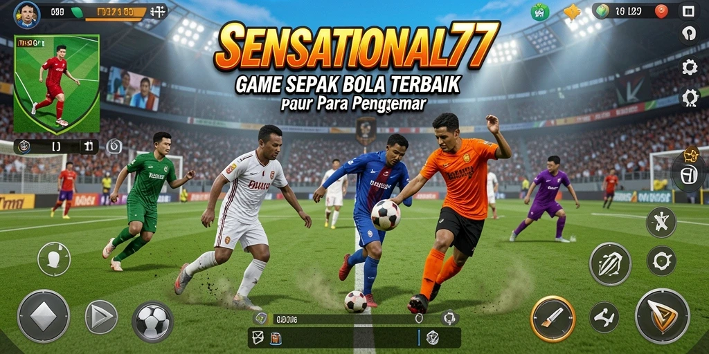 Gameplay dinamis di SENSATIONAL77 dengan aksi sepak bola yang seru.